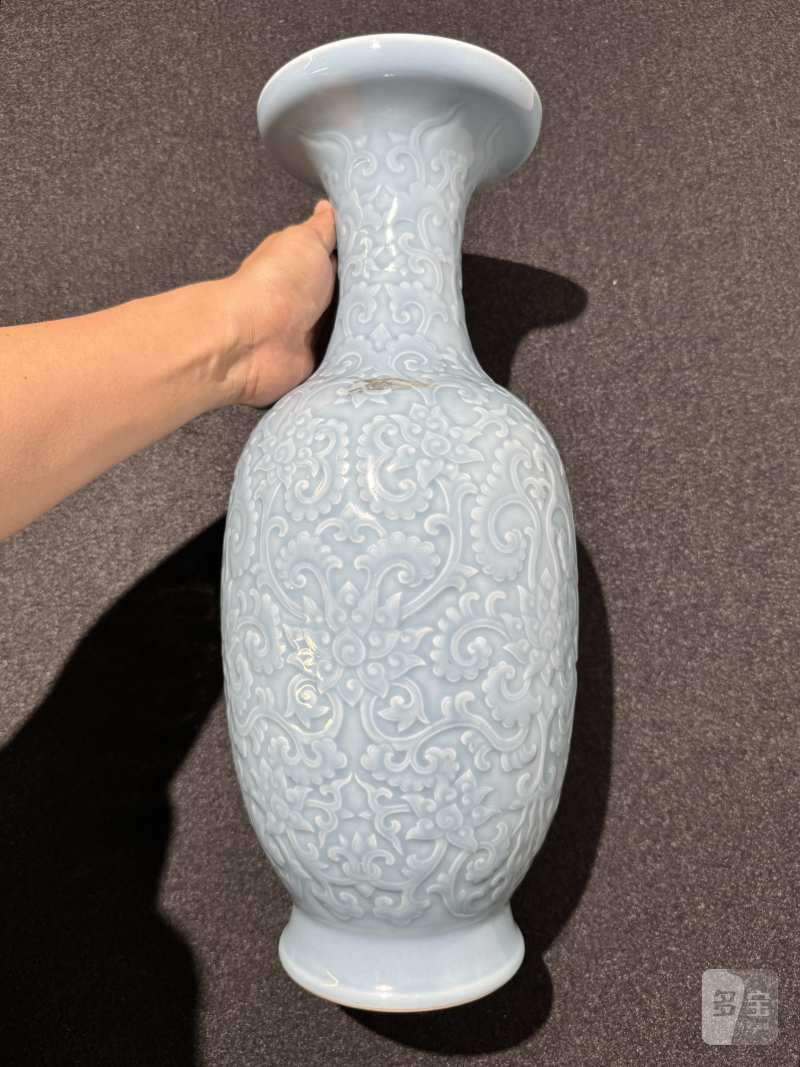清晚期 天蓝釉模印缠枝宝相花纹盘口瓶 - 图3